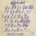 Hand-written alphabet on old paper with blots Royalty Free Stock Photo