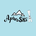 Hand written apres ski banner with mountains silhouette and ski. Royalty Free Stock Photo