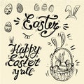 Hand written Easter phrases .Greeting card text templates with Easter eggs on vintage background. Basket with