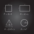 Hand written formula area of rectangular, triangle and circle on black background. Equation area of mathematics. Education and Royalty Free Stock Photo