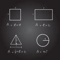 Hand written formula area of rectangular, triangle and circle on black background. Equation area of mathematics. Education and