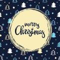 Hand-written inscription Merry Christmas and patern with small christmas trees. Vector background.