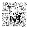 Hand-written lettering Time to travel. Black-and-white