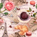 Hand written letters, Eiffel Tower, coffee or tea cup, macaroon cakes, rose flowers, stamps and keys. Vintage seamless