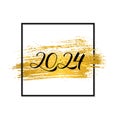 2024 Hand written numbers with frame and gold brush stroke. Calligraphy lettering for New Year greeting card. Holidays Royalty Free Stock Photo