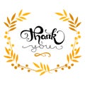Hand written phrase thank you. Autumnal leaves wreath