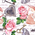 Hand written text, pink roses, feathers, keys with handwritten notes. Repeating background in vintage style. Watercolor Royalty Free Stock Photo