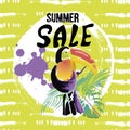 Hand written text Summer sale, discount banners.Tropical Toucan