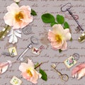 Hand written text, wild roses, post stamps, watercolor feathers, keys on paper texture with notes. Seamless pattern in