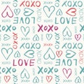 Hand Written Valentine`s Day Typography vector seamless pattern. Hand Drawn Doodle Hearts and Words Love. XOXO. Graffity