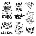Hand written vector cooking lettering set on white background. Vector cooking lettering set with kitchenware silhouette Royalty Free Stock Photo