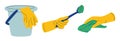 Hand in Yellow Glove Cleaning with Sponge, Bucket and Squeegee Vector Set