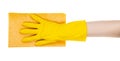 Hand in yellow glove hold flat yellow rag isolated Royalty Free Stock Photo