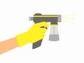 Hand in a yellow glove holds a gray spray tan machine. Vector illustration of auto tanning procedure