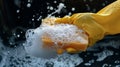 Hand in yellow glove with sponge and soap bubbles for cleaning Royalty Free Stock Photo