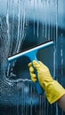 A hand in yellow glove uses blue squeegee with white blade on window Royalty Free Stock Photo