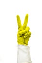 Hand in yellow protective rubber glove isolated on white background with clipping path. everything is cool sign made of medical