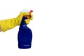 Hand in yellow rubber glove holding a blue cleaning spray bottle close up isolated on white with copy space. Washing, cleaning and Royalty Free Stock Photo