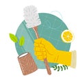 Hand in yellow rubber glove holding a wood toilet brush.Clean with eco detergent.Cleaning toilet.Vector illustration.