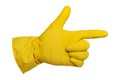 A hand in yellow rubber gloves shows the index finger on a white background. Isolate rubber gloves for cleaning and washing dishes Royalty Free Stock Photo