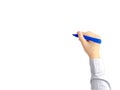 Hand of young business man writing with blue pen make Royalty Free Stock Photo