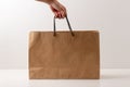 Hand of a young caucasian holding a paper shopping bag Royalty Free Stock Photo