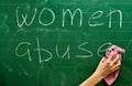 Hand of a young girl erasing the words WOMEN ABUSE on the green school board Royalty Free Stock Photo