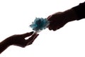 Hand young man gives flower to elderly woman - silhouette, decoration Royalty Free Stock Photo