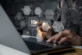 Hand of young soldier pointing to laptop screen