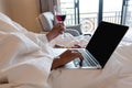 The hand of Young woman that hold wine glass And Sit play laptop In a luxurious room Ready Fruit Royalty Free Stock Photo