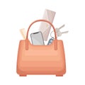 Handbag full of typical woman things and accessories as glasses, key, haircomb, smartphone vector illustration