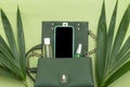 Handbag, phone, nail polish and natural leaves on green background. Monochrome. Flat lay