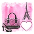 Handbag,shoe,Eiffel Tower,Paisley,Watercolor splash Royalty Free Stock Photo