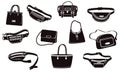 Handbag silhouettes. Luxury black purse and accessories, fashion handbag set for money, wallet and phone. Vector fashion