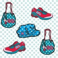 Handbag and sneaker pattern, accessories seamless background. Textile objects. - Vector
