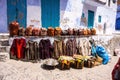 Handbags and clothing front of the shop, Chefchaouen, Morocco