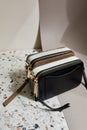 Leather handbags with golden zippers on