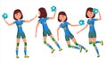 Handball Female Player Vector. Playing In Different Poses. Woman. Attack Jump. Shooting Player. Athlete Isolated On Royalty Free Stock Photo