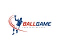 Handball player throws the ball logo design. Handball player jumping to score a goal vector design