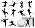 Handball players silhouette men and women - attack shut in jumping, goalkeepers, balls and Goal vector