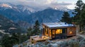 A handbuilt tiny house nestled in the mountains with solar panels integrated into the design for heating and powering