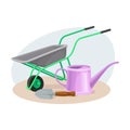 Handcart and Garden Inventory with Watering Can and Spade Vector Composition