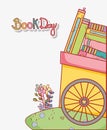 Handcart stacked books in grass with flowers cartoon