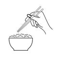 Bowl of rice and hand holding chopsticks flat design style on white background. Royalty Free Stock Photo