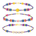 Handcraft friendship bracelets. Plastic bead bracelets, old school kids handmade accessories with colored beads flat vector