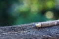 Handcraft pencil made of wood on wooden table with smooth green garden background, copy space