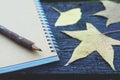 Handcraft wooden pencil, brown notebook and yellow leafs on old wood table in morning light, copy space