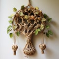 Nature-inspired Wall Hanging With Leaves And Vines On Wooden Plate