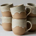 Handcrafted ceramic mugs arranged in a stack, featuring a two-tone design. The Royalty Free Stock Photo