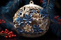 Handcrafted ceramic ornament with festive foliage, xmas images, AI Generated